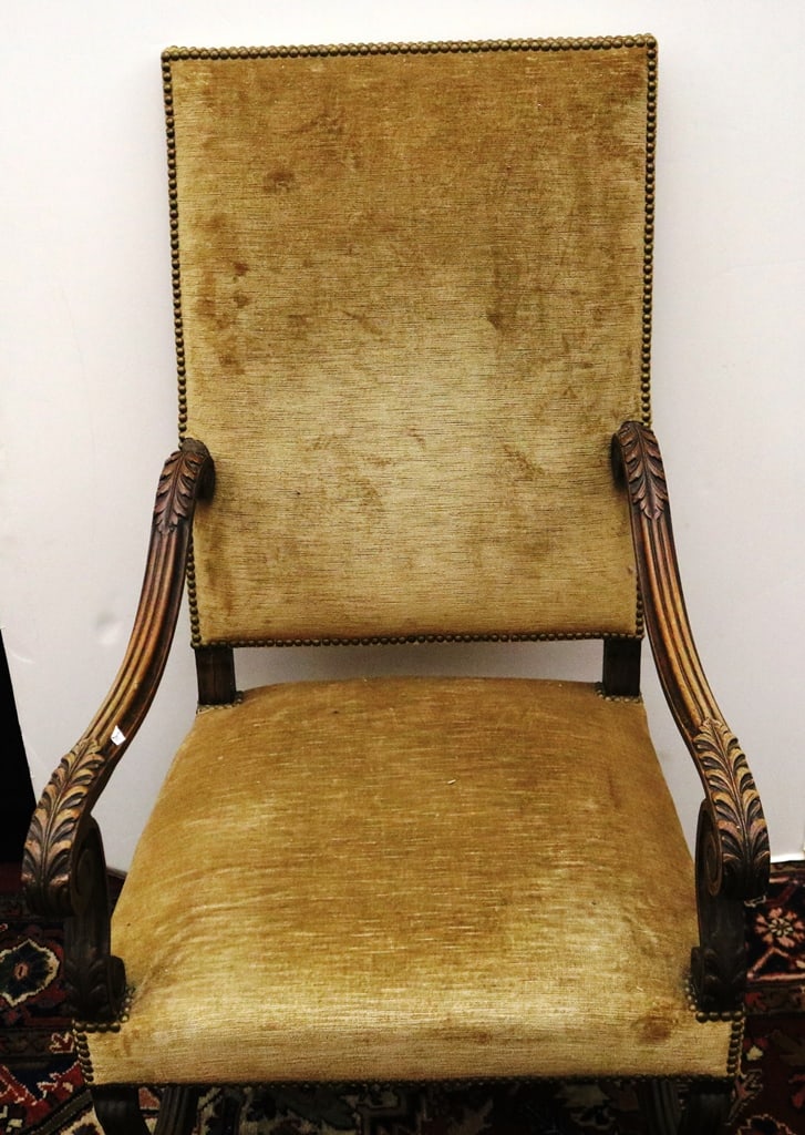 TWO CONTINENTAL CARVED OAK OPEN-ARM, HIGH BACK UPHOLSTERED CHAIRS. 18th-19th century. (1 of 13)