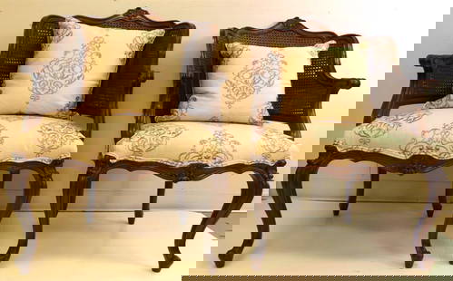 PAIR LOUIS XV STYLE FRUITWOOD DOUBLE-CANED, BARREL BACK ARM CHAIRS.: PAIR LOUIS XV STYLE FRUITWOOD DOUBLE-CANED, BARREL BACK ARM CHAIRS.  Carved and molded frames; designer cream color embroidered twill upholstered shaped seats with double cording and matching square l