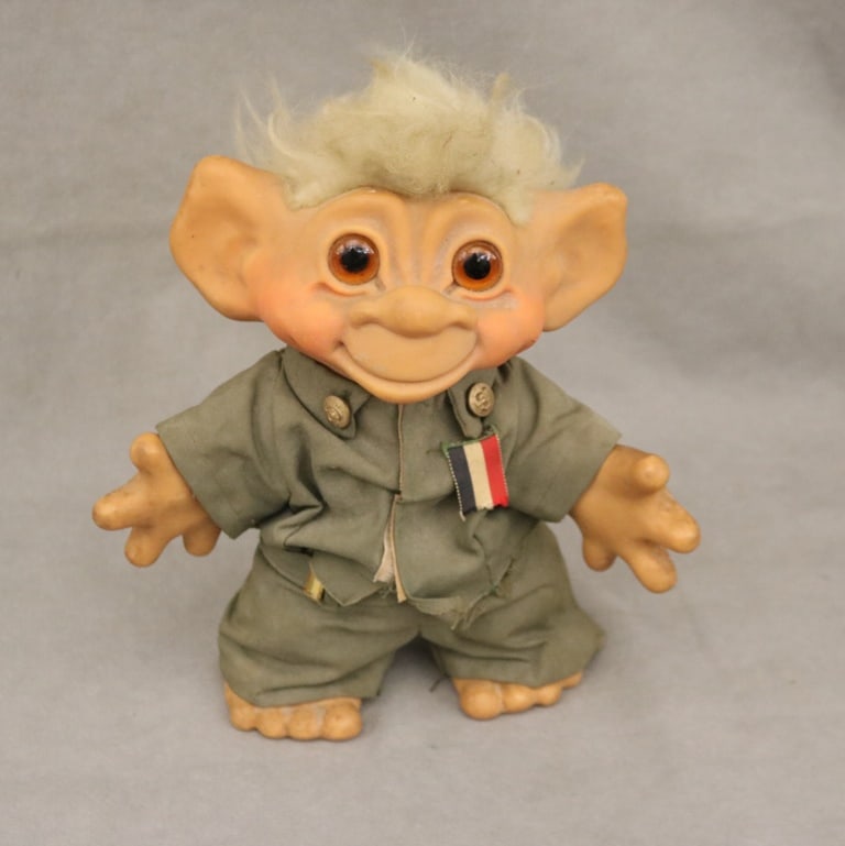 ORIGINAL TROLL FIGURE IN U.S. ARMY UNIFORM, BY DAM THINGS, 1964. - H: 12 in.: ORIGINAL TROLL FIGURE IN U.S. ARMY UNIFORM, BY DAM THINGS, 1964. - H: 12 in.
