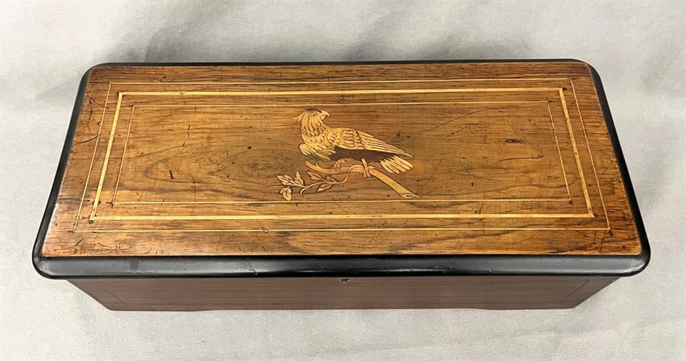 TABLE-TOP CYLINDER MUSIC BOX WITH BIRD-ON-BRANCH INLAID CASE, 19th century. - 17 in. x 7 3/8 in. (1 of 8)