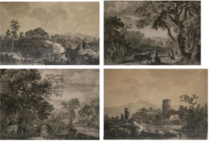 FOUR CONTINENTAL ETCHINGS OF PASTORAL LANDSCAPES WITH ANIMALS AND FIGURES.