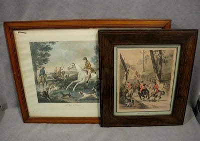 TWO FRAMED PRINTS DEPICTING CLASSIC HUNTING SCENES.