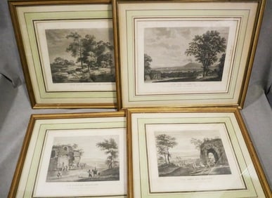 FOUR ITALIAN SCENES WITH TREES, HILLS, CLASSICAL RUINS, AND FIGURES.