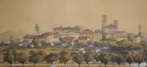 PANORAMIC CONTINENTAL BATTLE SCENE WATERCOLOR, - Sight size as matted, 8 1/2 x 22 1/4".