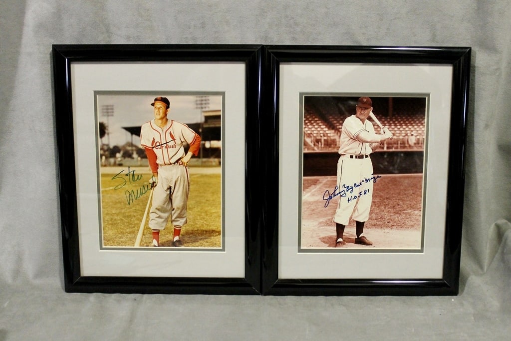 TWO FRAMED AUTOGRAPHED BASEBALL PHOTOS: STAN MUSIAL AND JOHNNY "BIG CAT" MIZE. (1 of 9)