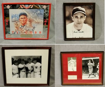 FOUR ITEMS BASEBALL MEMORABILIA INCLUDING FRANK CROSETTI AND JIMMIE FOXX SIGNATURES. - All framed.