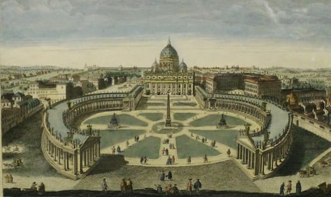 HAND-COLORED ENGRAVING OF ST. PETER'S BASILICA AND ST. PETER'S SQUARE, VATICAN CITY, ROME. late 18th