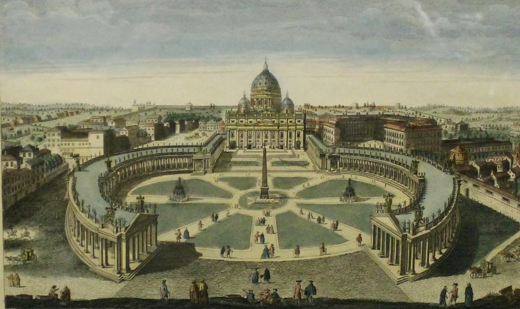 HAND-COLORED ENGRAVING OF ST. PETER'S BASILICA AND ST. PETER'S SQUARE, VATICAN CITY, ROME. late 18th (1 of 13)
