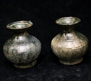 TWO CHINESE GREEN-GLAZED HU HAN-STYLE VESSELS. probably Han Dynasty. - H: 5 in.
