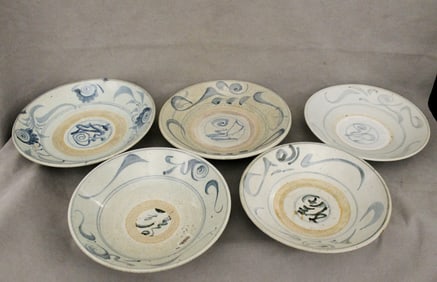 GROUP FIVE SWATOW BLUE SLIP DECORATED CERAMIC PLATES. - Various, D: 10 3/8 in. to 12 1/4 in.