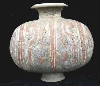 CHINESE POLYCHROME TERRACOTTA COCOON-SHAPE FUNERARY VASE, Han dynasty (206 B.C. – 220 A.D.). -