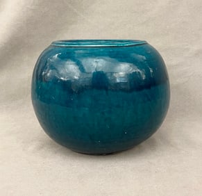 ANTIQUE CHINESE PROVINCIAL GLOBULAR CERAMIC BOWL WITH SHADED DEEP TURQUOISE GLAZE, - H: 6 1/2 in.; D
