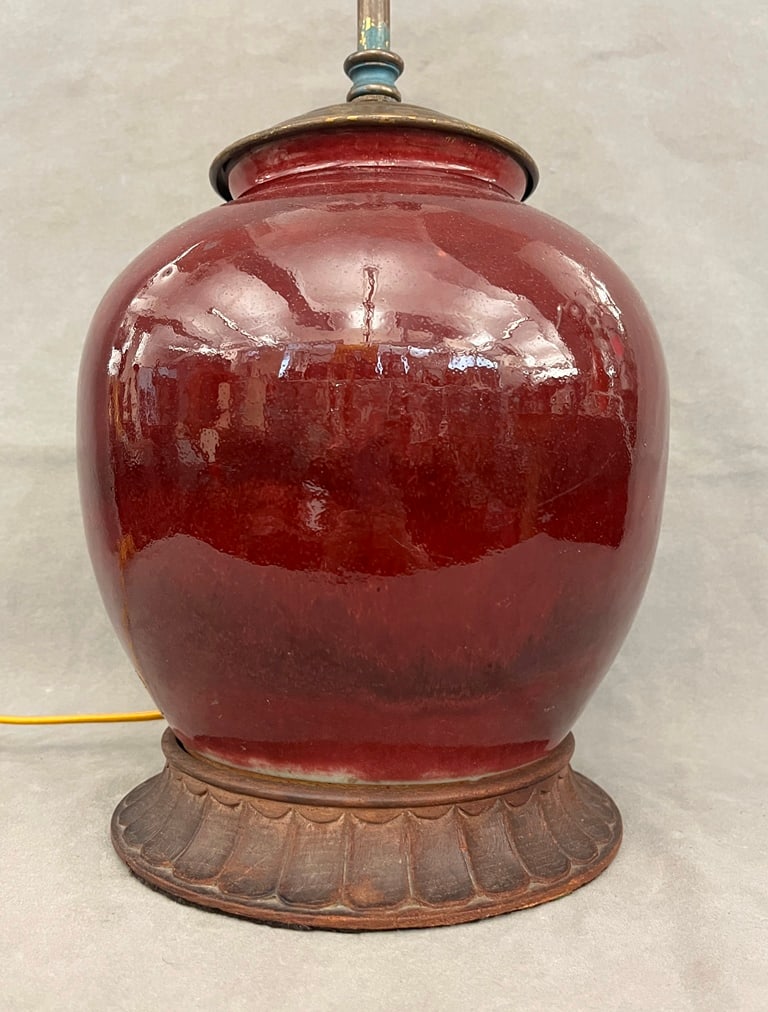 CHINESE SANG-DE-BOEUF GLAZED PORCELAIN GINGER JAR MOUNTED AS TWO-LIGHT TABLE LAMP. - Jar portion, H: (1 of 5)