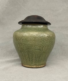 ANTIQUE CHINESE PROVINCIAL CELADON GLAZED POTTERY JAR WITH WOODEN LIFT COVER. - H: 6 1/4 in.
