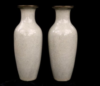 PAIR CHINESE SONG-STYLE GE WARE CELADON-GLAZED PORCELAIN VASES. - H: 13 1/2 in.