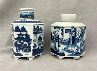 TWO CHINESE BLUE AND WHITE PORCELAIN HEXAGONALLY-PANELED TEA CADDIES, - Taller, H: 6 1/2 in.