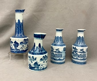 FOUR CHINESE BLUE AND WHITE BOTTLES MODELED WITH POURING SPOUTS, - Tallest, H: 10 3/8 in.