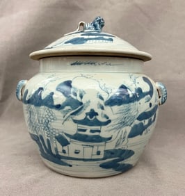 CHINESE UNDERGLAZE BLUE DECORATED PORCELAIN LIFT-COVER APPLE-FORM POT. Landscape decoration; cover