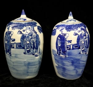 PAIR CHINESE BLUE AND WHITE PORCELAIN LIDDED TEA JARS. Qing Dynasty. - Height: (approx.). 9 inches.