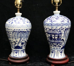 PAIR CHINESE BLUE AND WHITE BALUSTER-FORM PORCELAIN VASES MOUNTED AS TABLE LAMPS. - Vase portion, H: