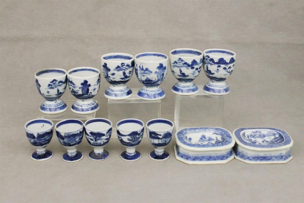 13 PIECES CHINESE CANTON PORCELAIN. - Larger egg cups. H: 3".: 13 PIECES CHINESE CANTON PORCELAIN. Including set six large egg cups, set five small egg cups, and pair trenchard salts. - Larger egg cups. H: 3".