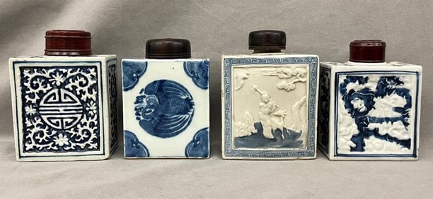 FOUR CHINESE BLUE AND WHITE PORCELAIN RECTANGULAR TEA CADDIES WITH CARVED WOODEN LIFT TOPS, -