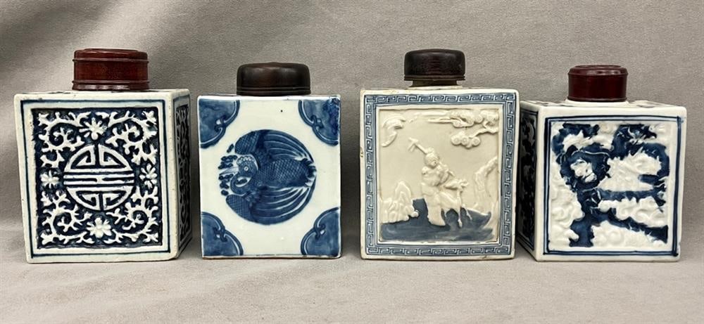 FOUR CHINESE BLUE AND WHITE PORCELAIN RECTANGULAR TEA CADDIES WITH CARVED WOODEN LIFT TOPS, - (1 of 20)