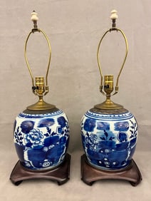 PAIR CHINESE BLUE AND WHITE GINGER JARS MOUNTED AS TABLE LAMPS,