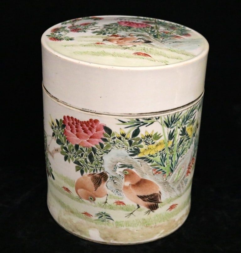CHINESE POLYCHROME DECORATED PORCELAIN TEA CADDY. 19th century.: CHINESE POLYCHROME DECORATED PORCELAIN TEA CADDY. 19th century. Intricate polychrome enamel painting of birds, flowers, and foliage; poem or inscription on back . Note: There is a hairline fracture.
