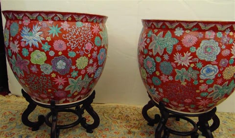 PAIR CHINESE FLORAL DECORATED PORCELAIN FISH BOWLS ON SEPARATE TEAKWOOD STANDS. - H: 18 in.; D: 20