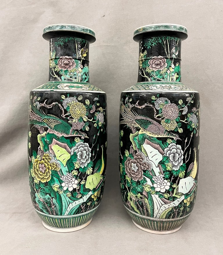 PAIR CHINESE POLYCHROMED PORCELAIN VASES WITH NOIRE GROUNDS. - H: 17 1/2". (1 of 14)