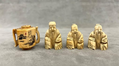 FOUR CHINESE CARVED MINIATURE FIGURES, - Height average: 1".