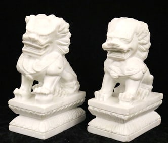 PAIR CHINESE CARVED STONE BEIJING STYLE FOO DOGS. - Height: 8 inches.