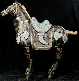 ANTIQUE CHINESE CARVED, BLACK LACQUERED AND PAINT-DECORATED FIGURE OF STANDING HORSE WITH CLOISONNE