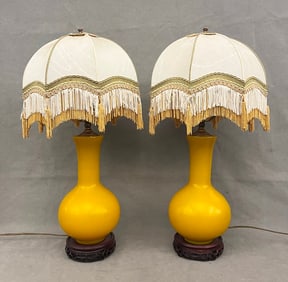 PAIR CHINESE YELLOW OPAQUE GLASS BOTTLE-FORM VASES MOUNTED AS TABLE LAMPS. - Vase portion, H: 9 in.
