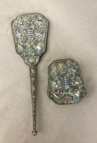 CHINESE MULTI-COLOR ENAMELED METAL HAND MIRROR AND MATCHED SHAPE LIFT-TOP BOX,