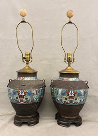 PAIR CHINESE CHAMPLEVE BRONZE VASES MOUNTED AS TABLE LAMPS. - Vase portion, H: 12 in.