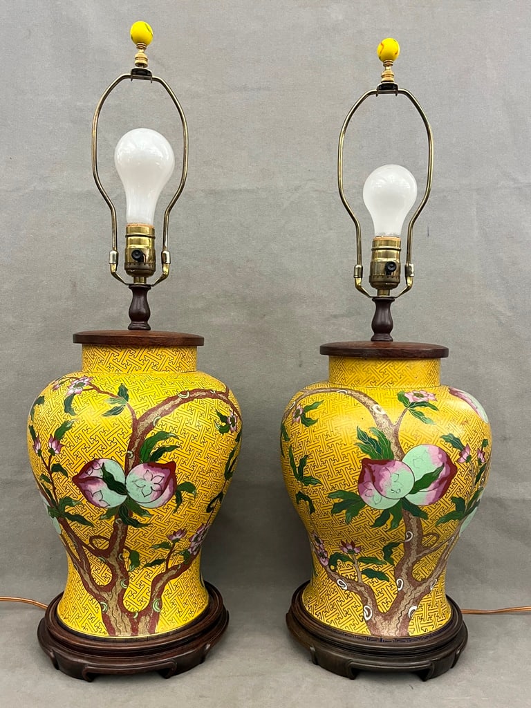 PAIR CHINESE CLOISONNE BALUSTER-FORM VASES MOUNTED AS TABLE LAMPS, - Vase portion, H: 12 in. (1 of 7)