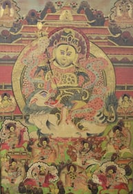 TIBETAN THANKA PAINTING OF THE DEITY VAISRAVANA (JAMBALA). - Sight: 28 in. x 19 in.; frame: 34 1/2