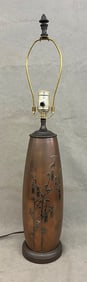 JAPANESE SILVER DECORATED COPPER ELONGATED OVOID VASE MOUNTED AS TABLE LAMP