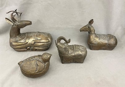 GROUP FOUR SOUTHEAST ASIAN SILVERED METAL LIFT-TOP BETEL NUT BOXES IN FORMS OF ANIMALS, - Tallest,