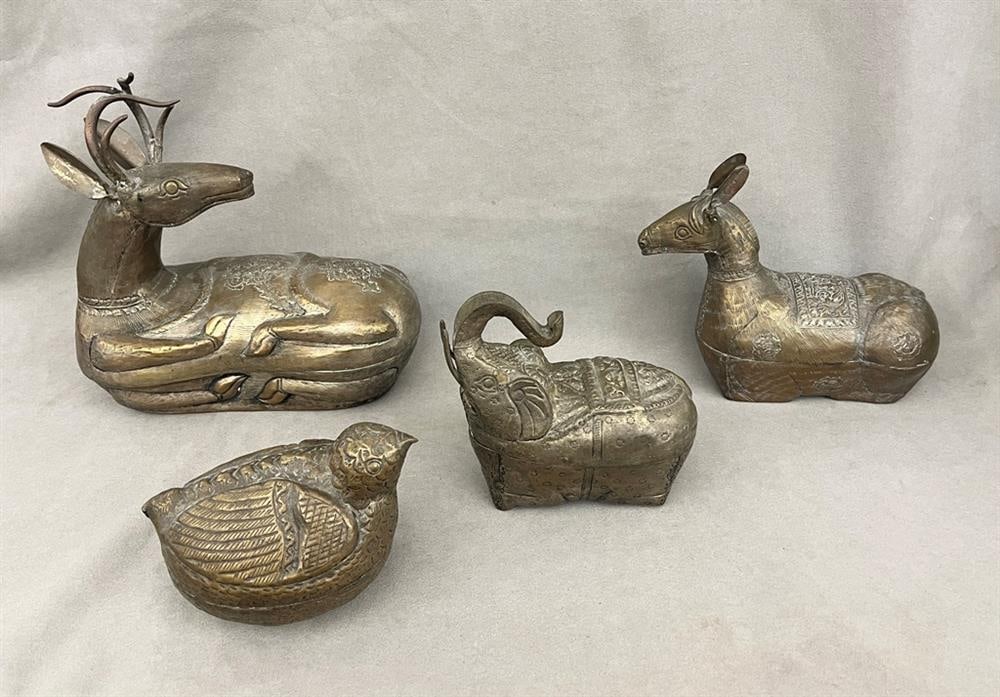 GROUP FOUR SOUTHEAST ASIAN SILVERED METAL LIFT-TOP BETEL NUT BOXES IN FORMS OF ANIMALS, - Tallest,: GROUP FOUR SOUTHEAST ASIAN SILVERED METAL LIFT-TOP BETEL NUT BOXES IN FORMS OF ANIMALS. Deer, elephant, horse and quail - Tallest, H: 11 1/2 in.; L: 11 1/2 in.
