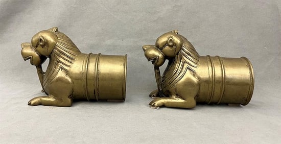 PAIR INDIAN PATINATED BRASS HANDLES CAST AS MYTHICAL BEASTS, late 19th-early 20th century. - H: 6