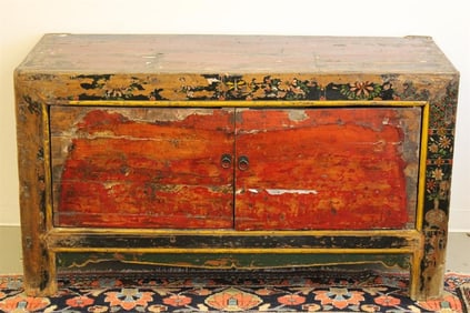TIBETAN PAINTED PINE TWO-DOOR CABINET, 19th century. - H: 34 1/4 in.; W: 61 1/2 in. D: 25 1/4 in.