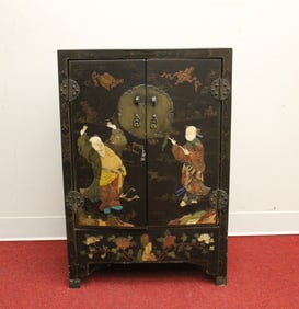 CHINESE BLACK LACQUERED TWO-DOOR CABINET WITH PAINTED DECORATION AND HARDSTONE INLAID FIGURES, 19th