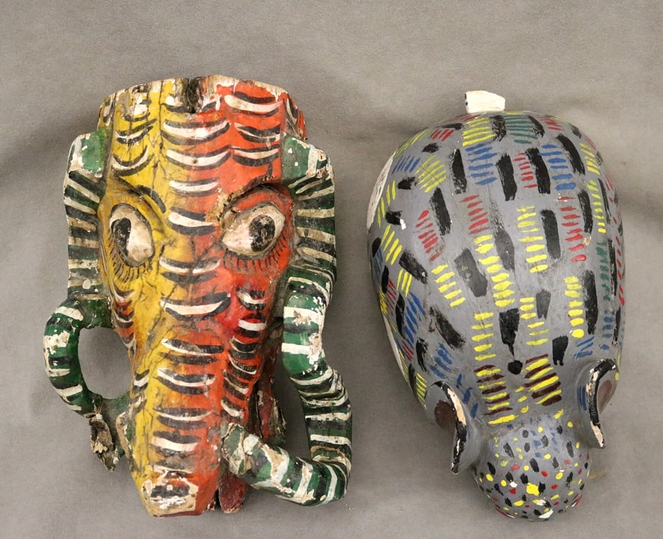 MEXICAN POLYCHROMED CARVED FESTIVAL MASKS. - Height: 12 to 17 inches. (1 of 20)