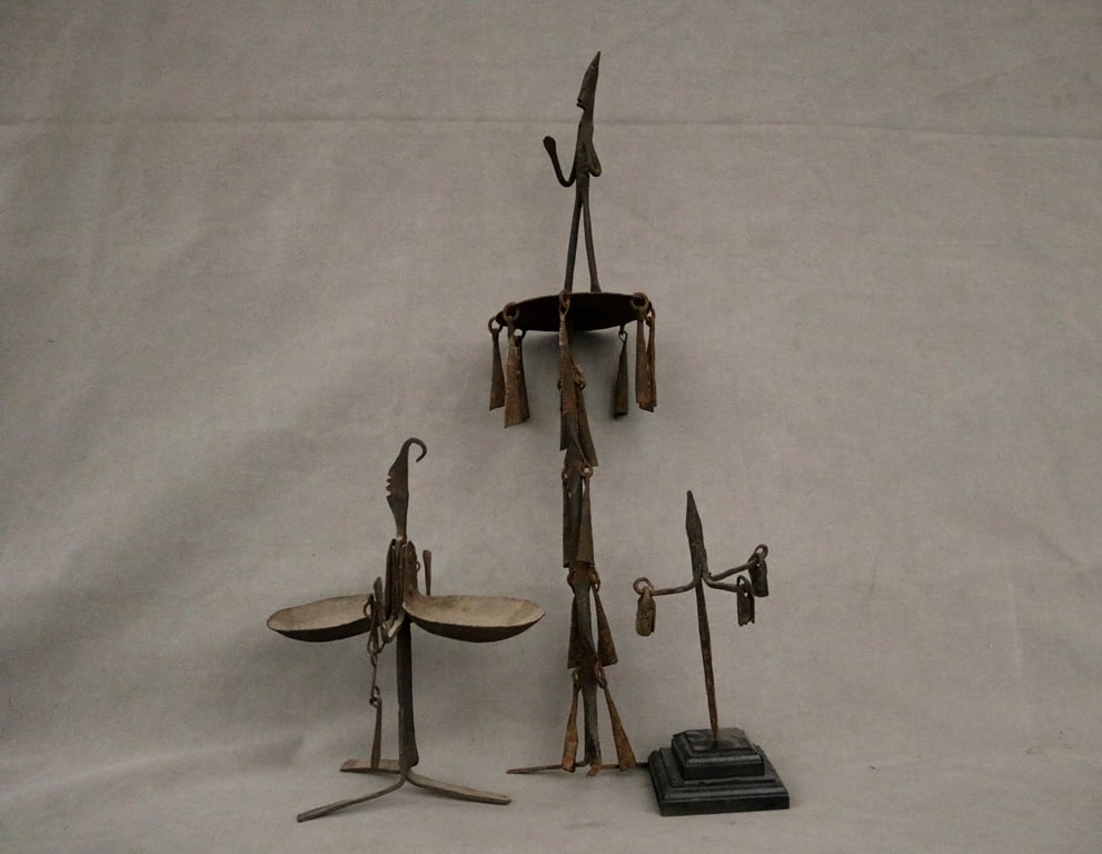 NIGERIAN YORUBA METAL RITUAL OBJECTS. - Height: 24 inches (Osanyin staff). (1 of 20)