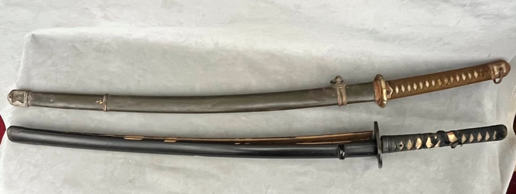 TWO JAPANESE SAMURAI SWORDS. With scabbards (one metal, one wood). (1 of 13)
