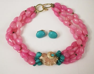 MODERN DESIGNER HELGA WAGNER OF PALM BEACH FLAMINGO PINK AND TURQUOISE COLOR HARDSTONE AND SEASHELL