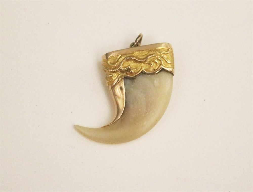 CHINESE 18K YELLOW GOLD MOUNTED TIGER CLAW PENDANT/CHARM, (1 of 3)